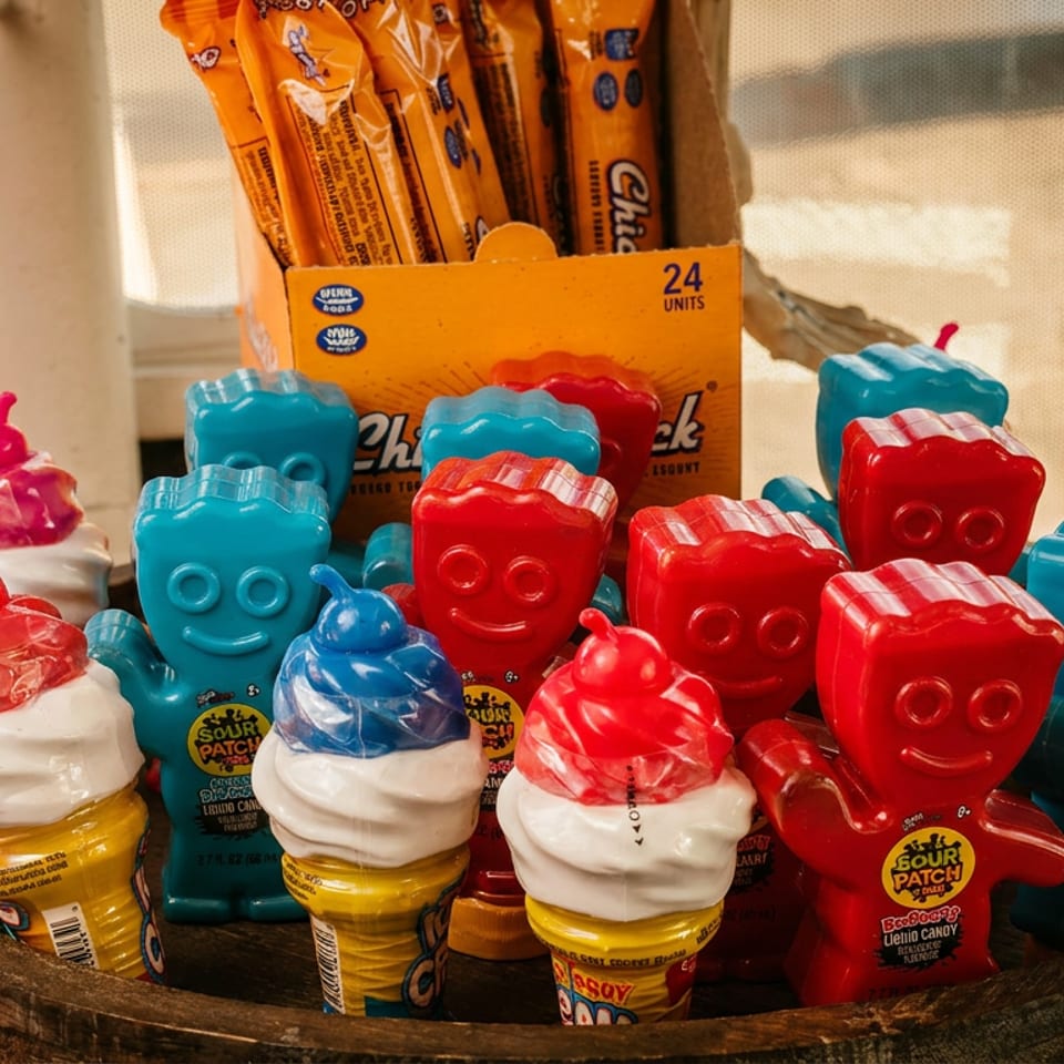 Colorful Sour Patch Kids candy containers and ice cream-shaped treats displayed in a rustic wooden bowl.