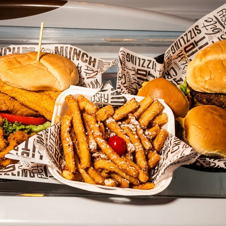 Fried chicken sandwiches, cheeseburgers, sliders, and seasoned fries arranged in branded baskets.