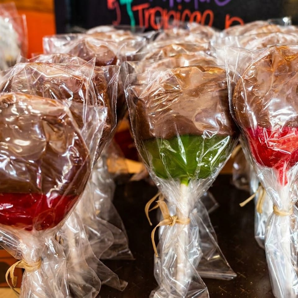 Chocolate-covered caramel lollipops with red and green centers, individually wrapped and displayed at a confectionery counter.