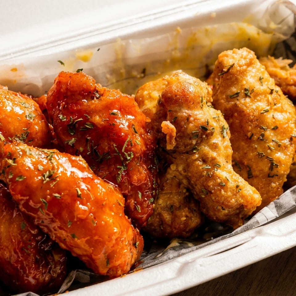 Takeout container filled with glazed and crispy fried chicken wings sprinkled with herbs.