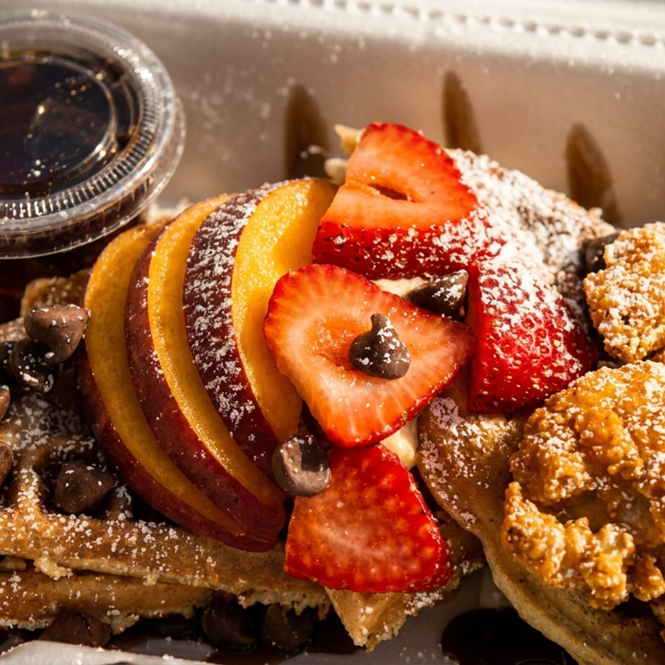 Belgian waffles topped with sliced peaches, strawberries, chocolate chips, powdered sugar, and fried chicken, served with syrup.
