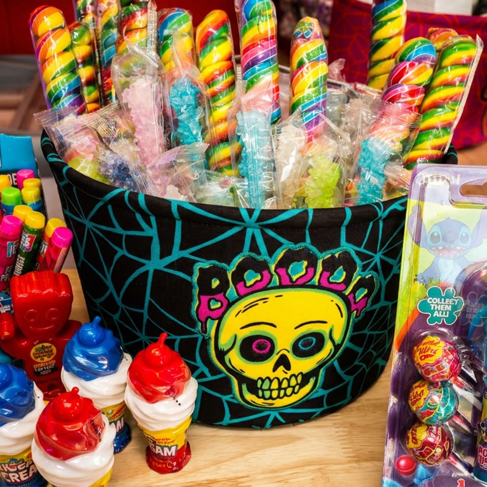 Colorful candy display featuring lollipops, toy-shaped sweets, novelty candy, and a black bucket decorated with a skull.